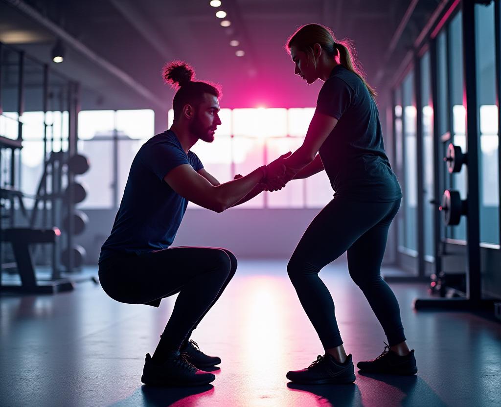 Personlig trener som veileder en klient i knebøy
