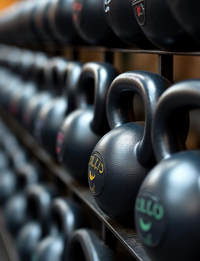 Rad med kettlebells i ulike farger